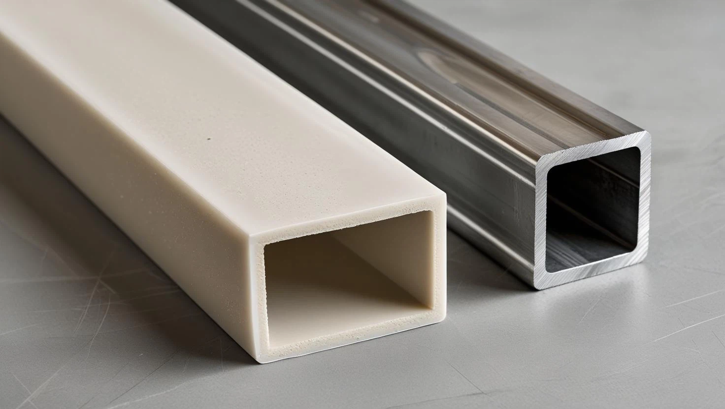 Visual comparison of FRP and steel square tubes Visual comparison of FRP and steel square tubes